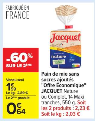 Pain de mie sans sucres ajoutés "Offre Économique" JACQUET