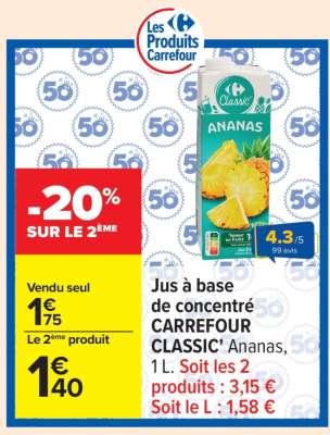 Jus à base de concentré CARREFOUR CLASSIC' Ananas, 1L