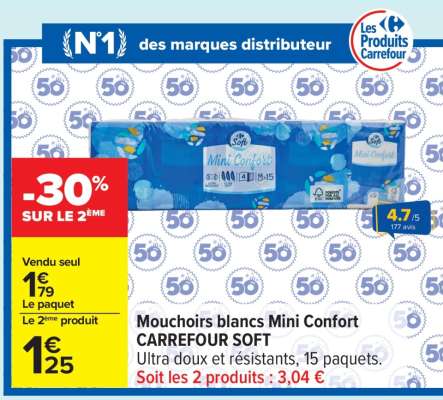 Mouchoirs blancs Mini Confort CARREFOUR SOFT