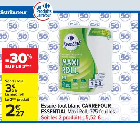 Essuie-tout blanc CARREFOUR ESSENTIAL Maxi Roll, 375 feuilles