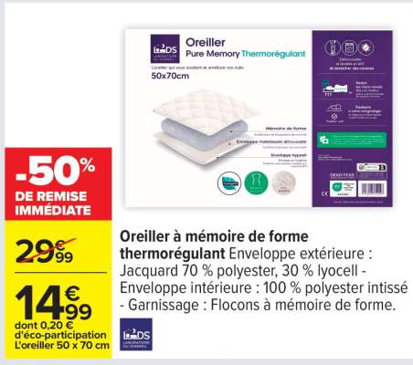 Oreiller à mémoire de forme thermorégulant
