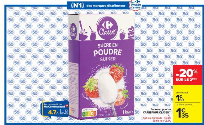 Sucre en poudre CARREFOUR CLASSIC'
