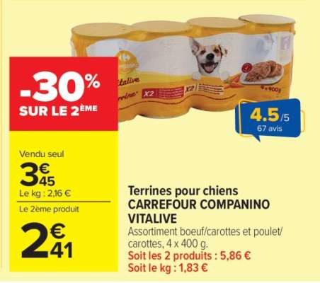 Terrines pour chiens CARREFOUR COMPANINO VITALIVE