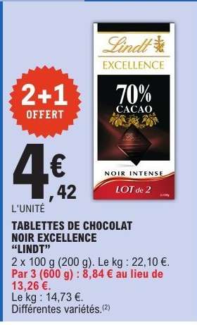 TABLETTES DE CHOCOLAT NOIR EXCELLENCE “LINDT”