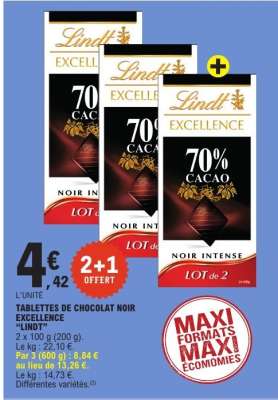TABLETTES DE CHOCOLAT NOIR EXCELLENCE “LINDT”