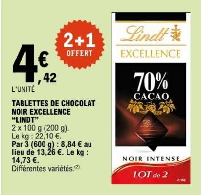 TABLETTES DE CHOCOLAT NOIR EXCELLENCE “LINDT”