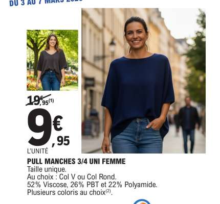 PULL MANCHES 3/4 UNI FEMME
