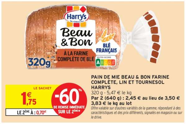PAIN DE MIE BEAU & BON FARINE COMPLÈTE, LIN ET TOURNESOL HARRYS
