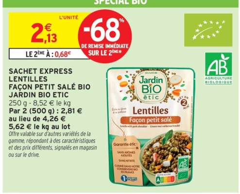 SACHET EXPRESS LENTILLES FAÇON PETIT SALÉ BIO JARDIN BIO ETIC