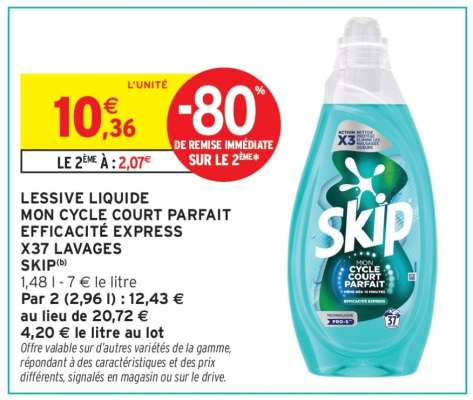 LESSIVE LIQUIDE MON CYCLE COURT PARFAIT EFFICACITÉ EXPRESS X37 LAVAGES SKIP