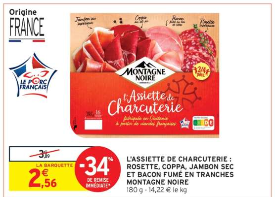 L'ASSIETTE DE CHARCUTERIE: ROSETTE, COPPA, JAMBON SEC ET BACON FUMÉ EN TRANCHES MONTAGNE NOIRE