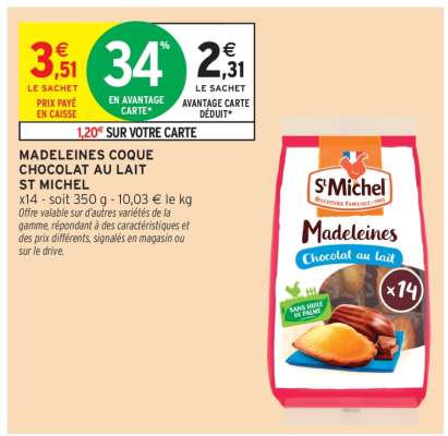 MADELEINES COQUE CHOCOLAT AU LAIT ST MICHEL