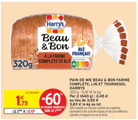 PAIN DE MIE BEAU & BON FARINE COMPLÈTE, LIN ET TOURNESOL HARRYS
