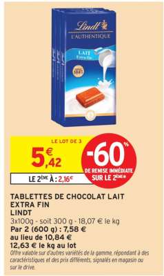 Tablettes De Chocolat Lait Extra Fin Lindt