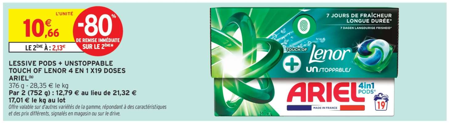 Lessive Pods + Unstoppable Touch of Lenor 4 en 1 x19 Doses Ariel