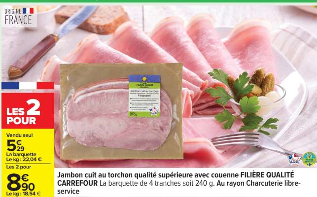 Jambon cuit au torchon qualité supérieure avec couenne FILIÈRE QUALITÉ CARREFOUR