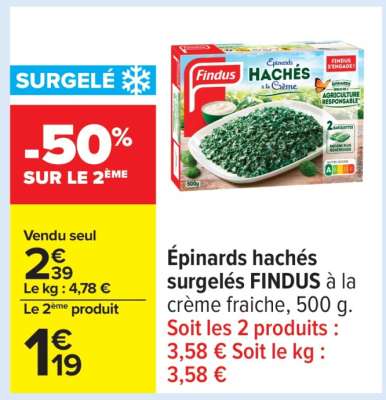 Épinards hachés surgelés FINDUS à la crème fraiche, 500 g