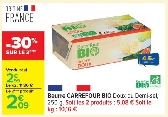 Beurre CARREFOUR BIO Doux ou Demi-sel, 250 g