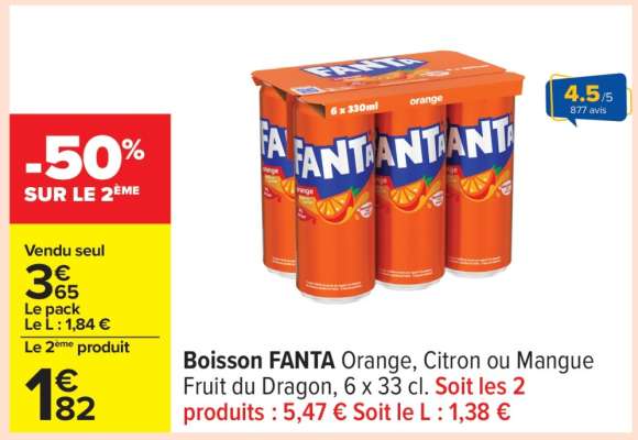 Boisson FANTA Orange, Citron ou Mangue Fruit du Dragon, 6 x 33 cl