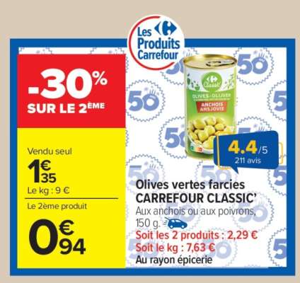 Olives vertes farcies CARREFOUR CLASSIC'