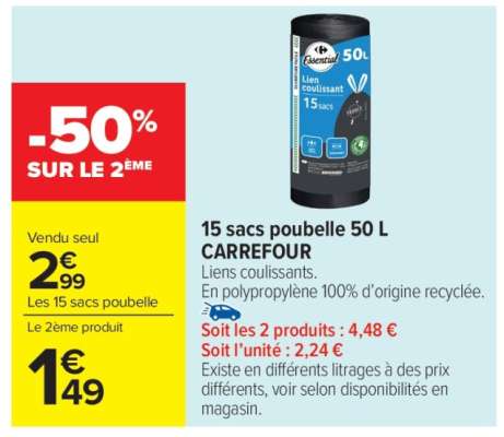 15 sacs poubelle 50 L CARREFOUR