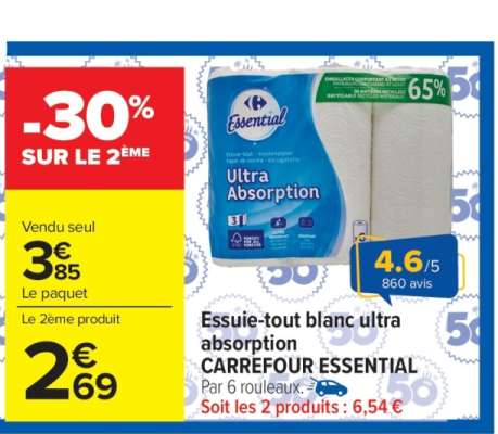 Essuie-tout blanc ultra absorption CARREFOUR ESSENTIAL