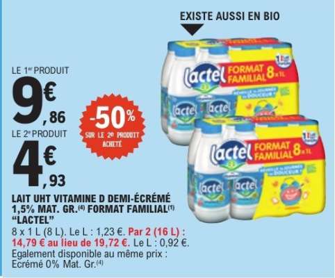 Lait UHT Vitamine D Demi-Écrémé 1,5% Mat. Gr. Format Familial Lactel