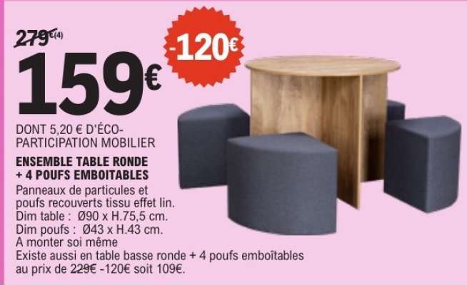 ENSEMBLE TABLE RONDE + 4 POUFS EMBOÎTABLES