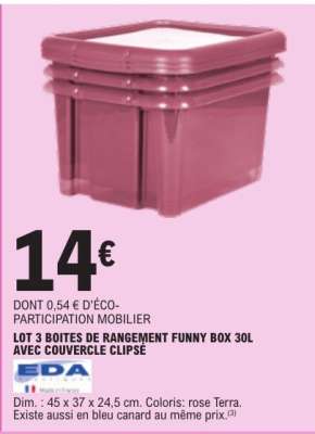 LOT 3 BOITES DE RANGEMENT FUNNY BOX 30L AVEC COUVERCLE CLIPSE