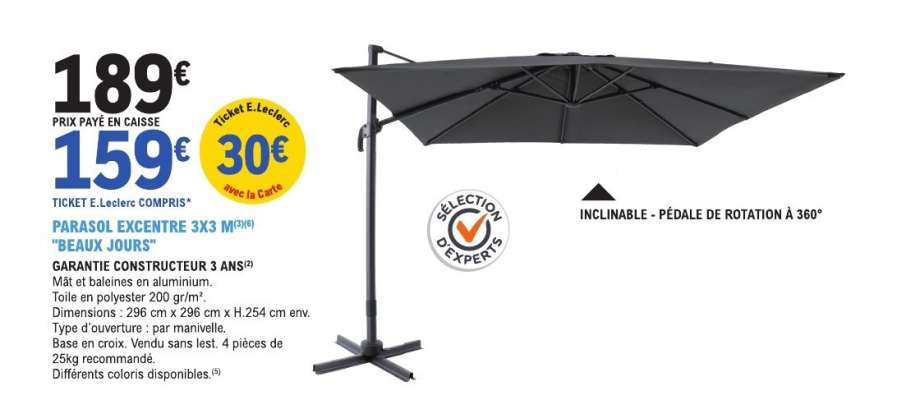 PARASOL EXCENTRE 3X3 M 'BEAUX JOURS'
