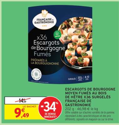 ESCARGOTS DE BOURGOGNE MOYEN FUMÉS AU BOIS DE HÊTRE X36 SURGELÉS FRANÇAISE DE GASTRONOMIE