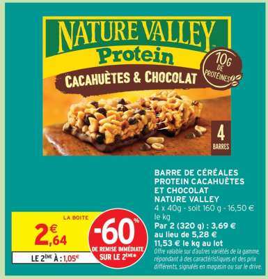 BARRE DE CÉRÉALES PROTEIN CACAHUÈTES ET CHOCOLAT NATURE VALLEY