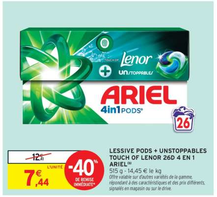 LESSIVE PODS + UNSTOPPABLES TOUCH OF LENOR 26D 4 EN 1 ARIEL