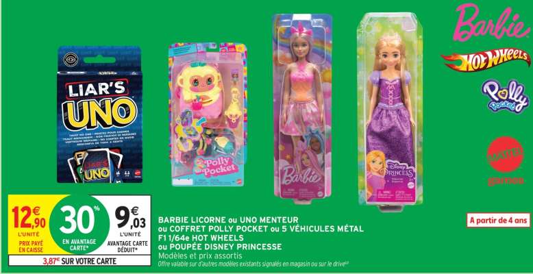 Barbie Licorne ou UNO Menteur ou Coffret Polly Pocket ou 5 Véhicules Métal 1/64e Hot Wheels ou Poupée Disney Princesse