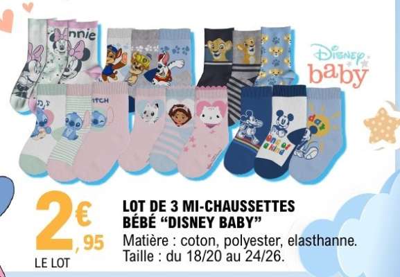 LOT DE 3 MI-CHAUSSETTES BÉBÉ “DISNEY BABY”