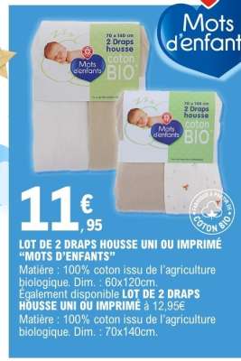 LOT DE 2 DRAPS HOUSSE UNI OU IMPRIMÉ “MOTS D’ENFANTS”