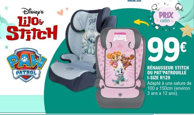Réhausseur Stitch ou Pat'Patrouille I-Size R129