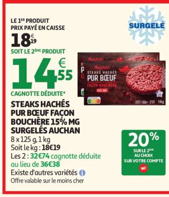 STEAKS HACHÉS PUR BŒUF FAÇON BOUCHÈRE 15% MG SURGELÉS AUCHAN