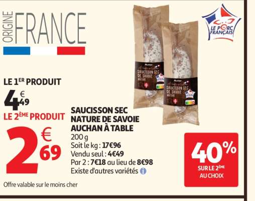 SAUCISSON SEC NATURE DE SAVOIE AUCHAN À TABLE