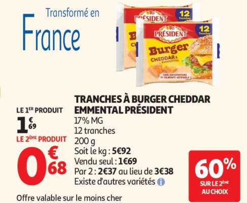 TRANCHES À BURGER CHEDDAR EMMENTAL PRÉSIDENT