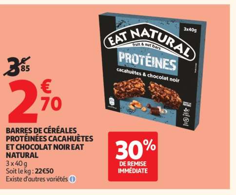 BARRES DE CÉRÉALES PROTÉINÉES CACAHUÈTES ET CHOCOLAT NOIR EAT NATURAL