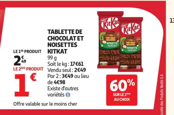 TABLETTE DE CHOCOLAT ET NOISETTES KITKAT