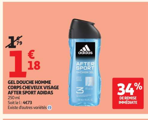 GEL DOUCHE HOMME CORPS CHEVEUX VISAGE AFTER SPORT ADIDAS