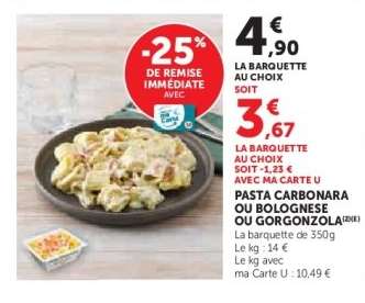 Pasta Carbonara ou Bolognese ou Gorgonzola