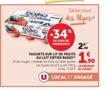 Yaourts sur lit de fruits au lait entier Baïko