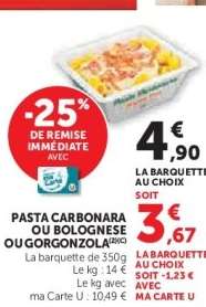 Pasta Carbonara ou Bolognaise ou Gorgonzola