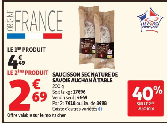 SAUCISSON SEC NATURE DE SAVOIE AUCHAN À TABLE