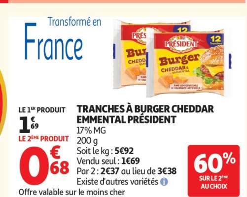 TRANCHES À BURGER CHEDDAR EMMENTAL PRÉSIDENT