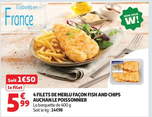 4 FILETS DE MERLU FAÇON FISH AND CHIPS AUCHAN LE POISSONNIER