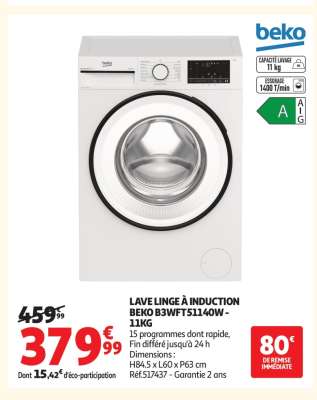 LAVE LINGE À INDUCTION BEKO B3WFT51140W - 11KG
